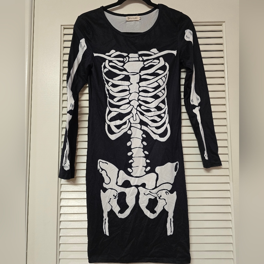 For Gand PS - Halloween Black & White Skeleton Long-Sleeve Party Dress